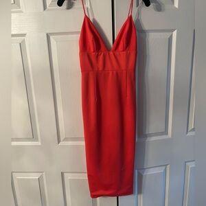 Abyss By Abby Coral-Red Spaghetti Strap V-Neck Midi Dress